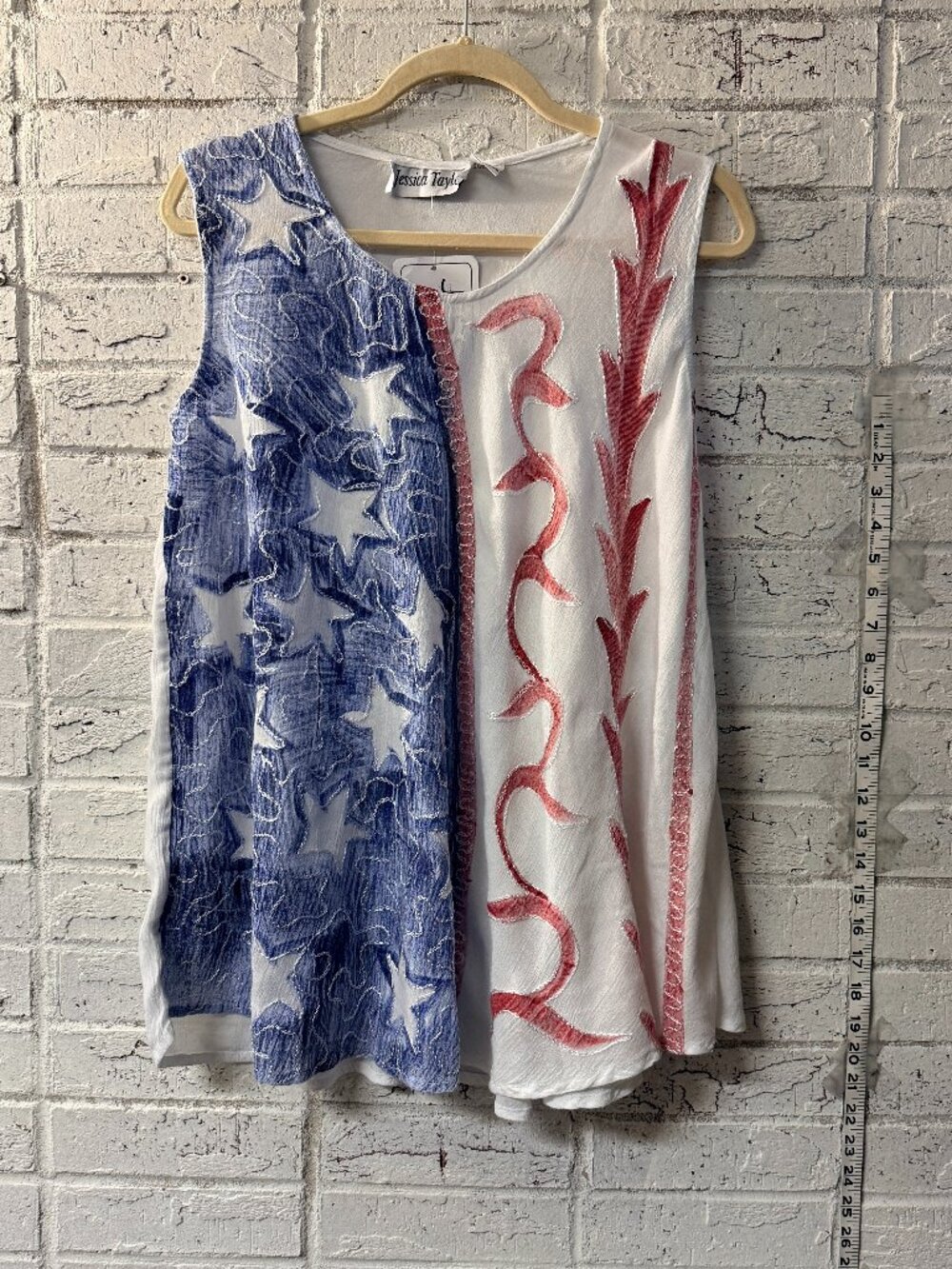 Jessica Taylor Patriotic Sleeveless Tunic Top USA Flag Red White Blue Appliqué